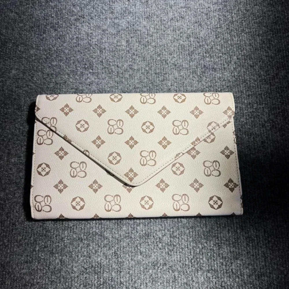 Cream Monogram Envelope Clutch Bag Faux Leather Magnetic Snap‎ Small Handbag